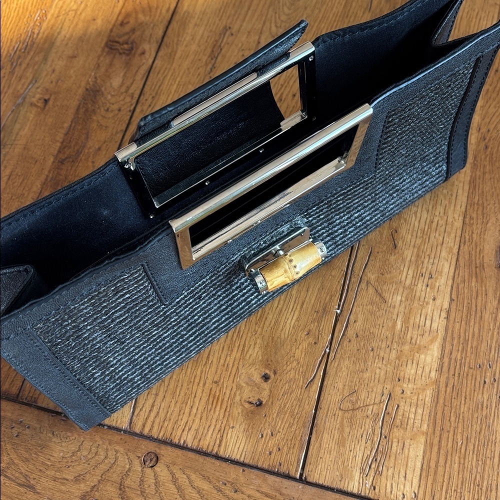 The Limited Black Leather and Woven Clutch Silver Tone Handle Toggle Close Bag - Picture 7 of 11